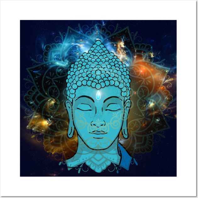 Buddha in the Galaxy Blue Face (background) Wall Art by MandalaSoul